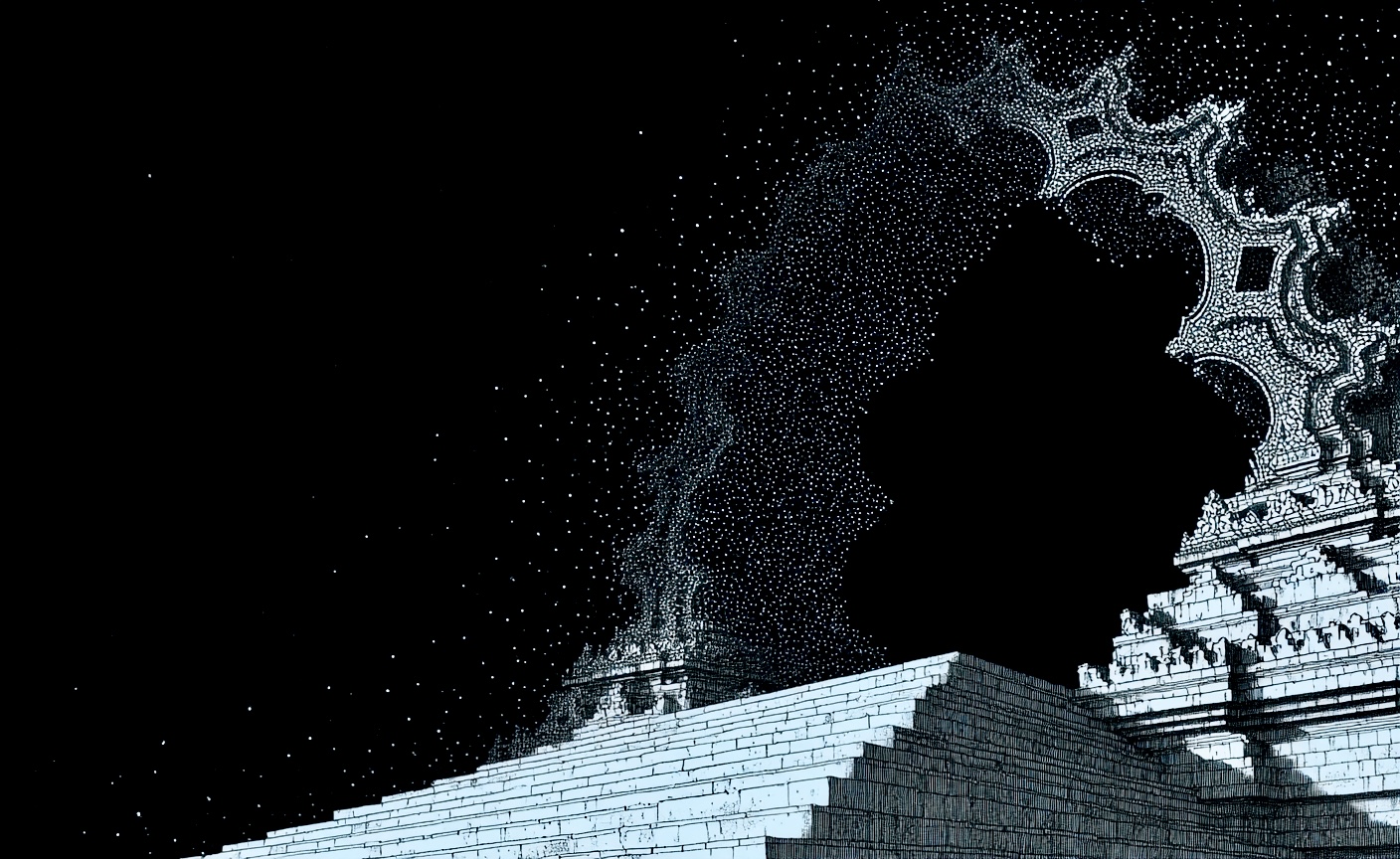 Temple dissolving into particles against the void